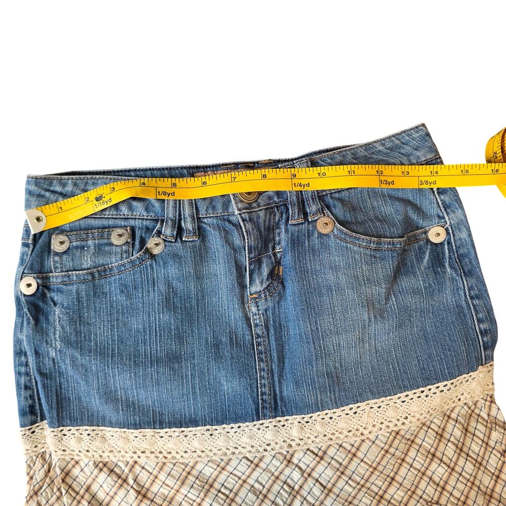 Vtg Y2K Candie's Denim Plaid Asymmetrical Lace Trim Handkerchief Midi Skirt - Picture 4 of 13